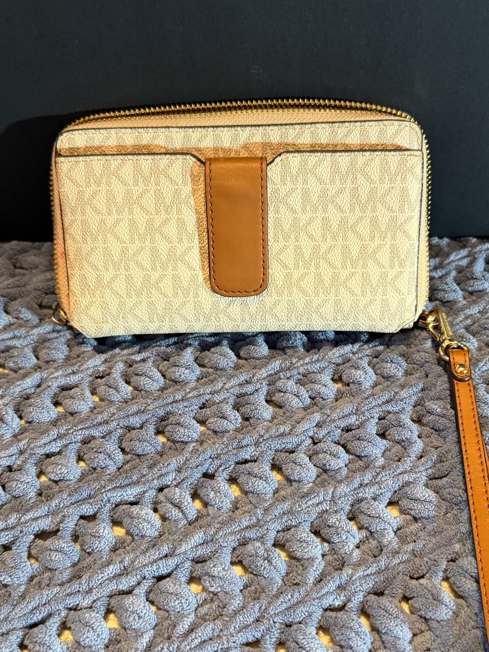 Michael Kors Beige and Tan Signature Zip Large Zip Around Wallet